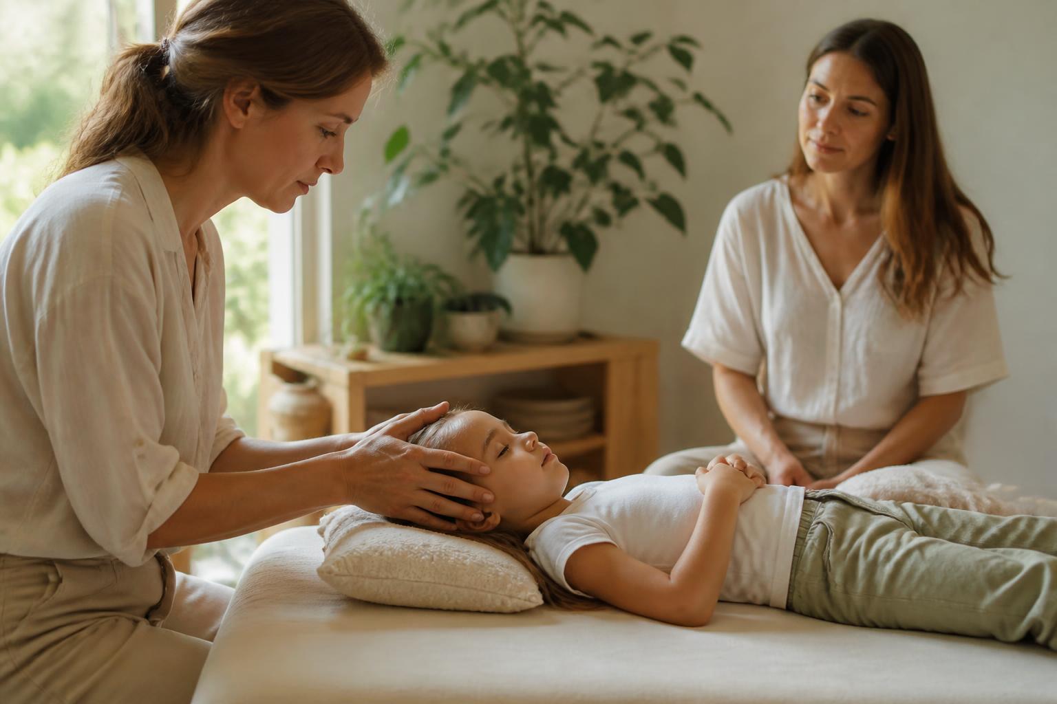 A child receiving gentle treatment while a parent looks on in a calm practice setting